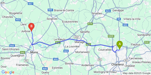 Map: Charleroi Airport Brussels South (CRL) to Masnuy-Saint-Jean