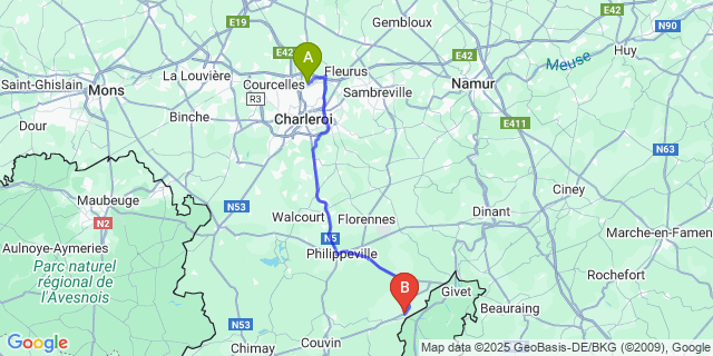 Map: Charleroi Airport Brussels South (CRL) to Mazée
