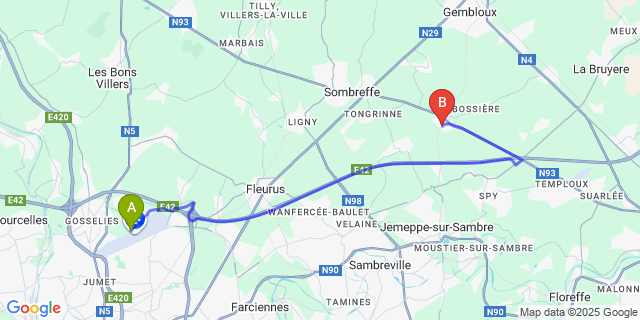 Map: Charleroi Airport Brussels South (CRL) to Mazy