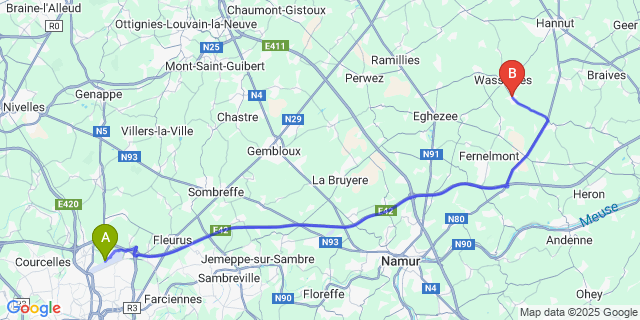 Map: Charleroi Airport Brussels South (CRL) to Meeffe