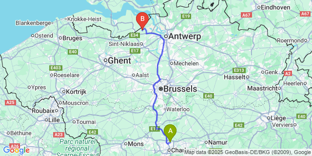 Map: Charleroi Airport Brussels South (CRL) to Meerdonk