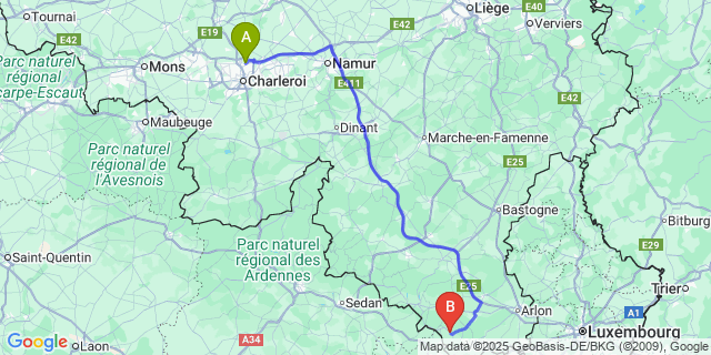 Map: Charleroi Airport Brussels South (CRL) to Meix-devant-Virton