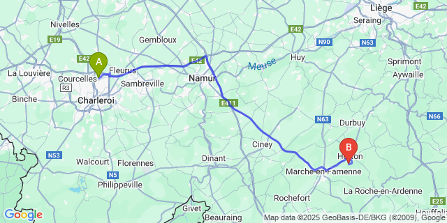Map: Charleroi Airport Brussels South (CRL) to Menil-Favay