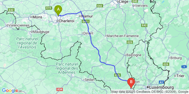 Map: Charleroi Airport Brussels South (CRL) to Messancy