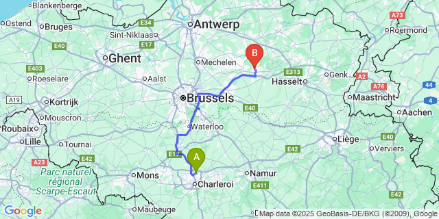 Map: Charleroi Airport Brussels South (CRL) to Messelbroek