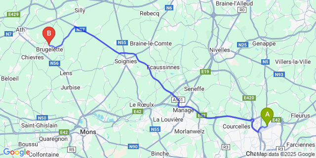 Map: Charleroi Airport Brussels South (CRL) to Mévergnies