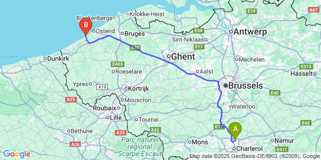 Map: Charleroi Airport Brussels South (CRL) to Middelkerke