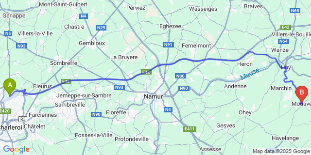 Map: Charleroi Airport Brussels South (CRL) to Modave