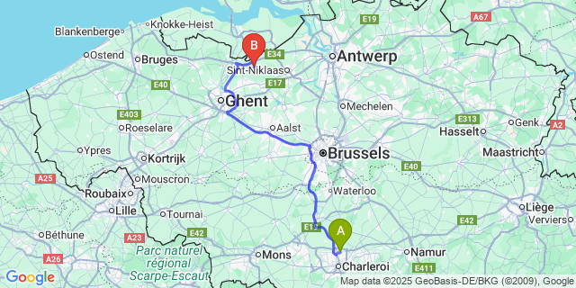 Map: Charleroi Airport Brussels South (CRL) to Moerbeke-Waas