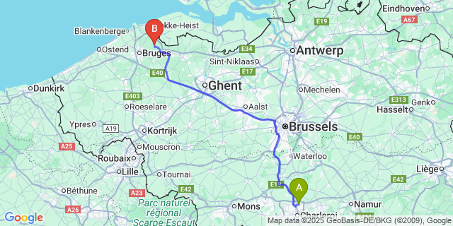 Map: Charleroi Airport Brussels South (CRL) to Moerkerke
