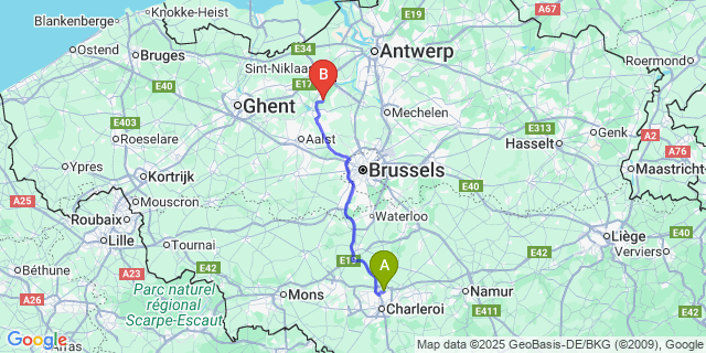 Map: Charleroi Airport Brussels South (CRL) to Moerzeke