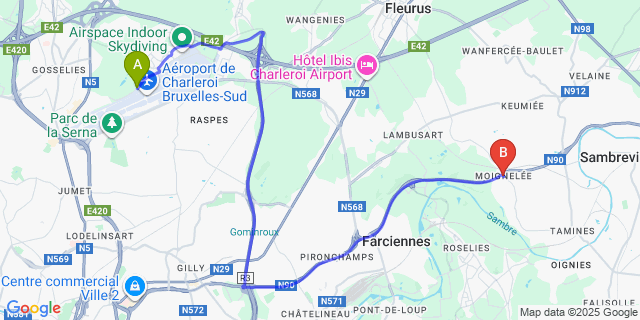 Map: Charleroi Airport Brussels South (CRL) to Moignelée