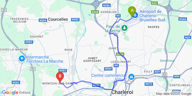 Map: Charleroi Airport Brussels South (CRL) to Monceau