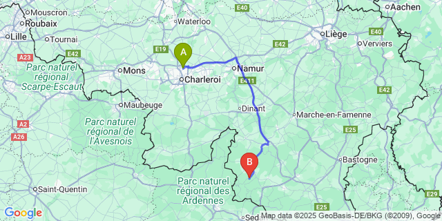 Map: Charleroi Airport Brussels South (CRL) to Monceau-En-Ardenne