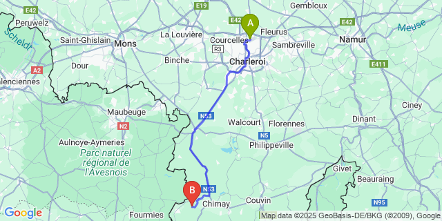 Map: Charleroi Airport Brussels South (CRL) to Monceau-Imbrechies