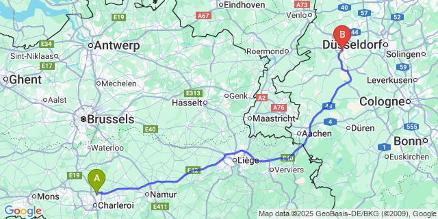Map: Charleroi Airport Brussels South (CRL) to Mönchengladbach