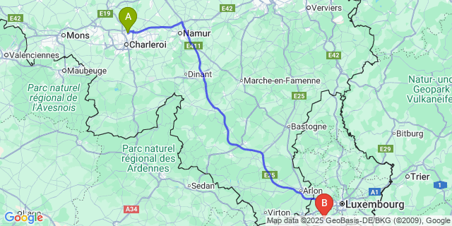 Map: Charleroi Airport Brussels South (CRL) to Mondercange