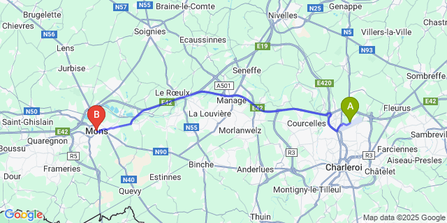 Map: Charleroi Airport Brussels South (CRL) to Mons