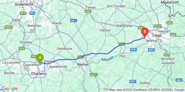Map: Charleroi Airport Brussels South (CRL) to Mons-Lez-Li?ge
