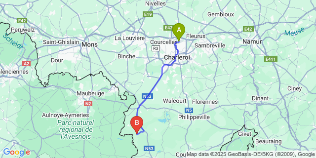 Map: Charleroi Airport Brussels South (CRL) to Montbliart