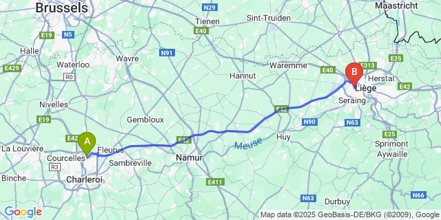 Map: Charleroi Airport Brussels South (CRL) to Montegnée