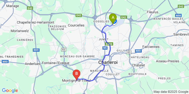 Map: Charleroi Airport Brussels South (CRL) to Montignies-Le-Tilleul