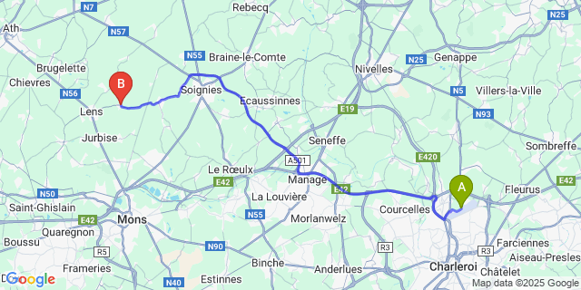 Map: Charleroi Airport Brussels South (CRL) to Montignies-Lez-Lens