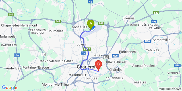 Map: Charleroi Airport Brussels South (CRL) to Montignies-Sur-Sambre