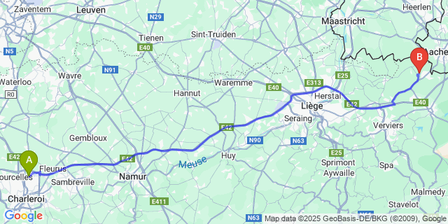 Map: Charleroi Airport Brussels South (CRL) to Moresnet