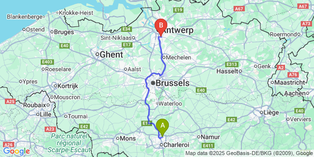 Map: Charleroi Airport Brussels South (CRL) to Mortsel