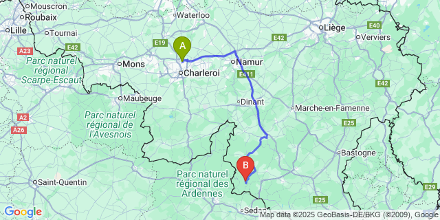 Map: Charleroi Airport Brussels South (CRL) to Mouzaive