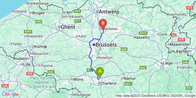 Map: Charleroi Airport Brussels South (CRL) to Muizen (-Bij-Mechelen)