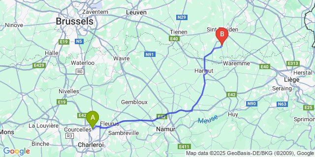 Map: Charleroi Airport Brussels South (CRL) to Muizen (-Bij-Sint-Truiden)