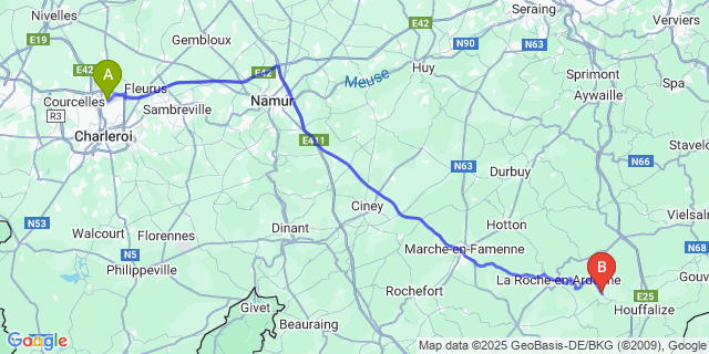 Map: Charleroi Airport Brussels South (CRL) to Nadrin