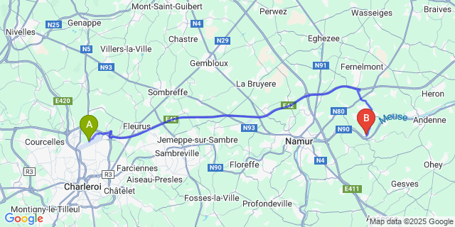 Map: Charleroi Airport Brussels South (CRL) to Nam?che