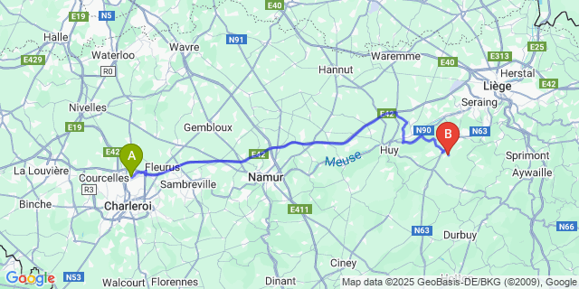 Map: Charleroi Airport Brussels South (CRL) to Nandrin