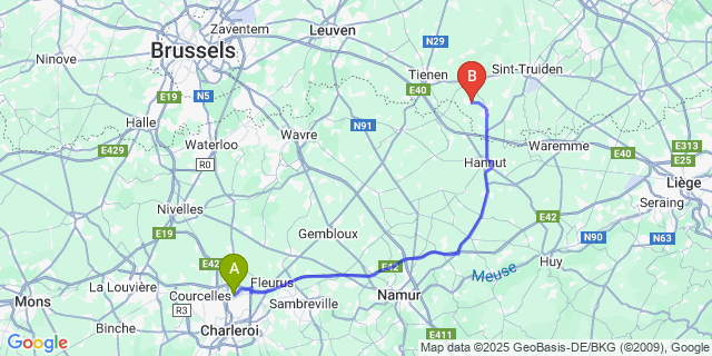 Map: Charleroi Airport Brussels South (CRL) to Neerwinden