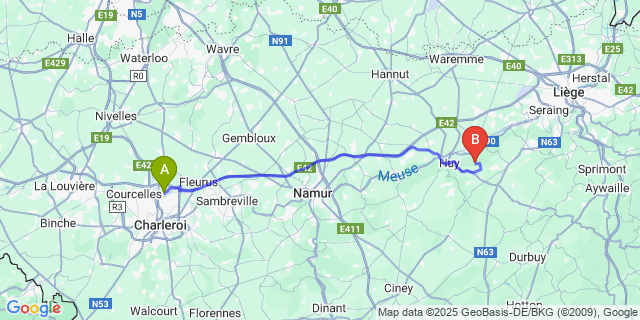 Map: Charleroi Airport Brussels South (CRL) to Neuville-Sous-Huy