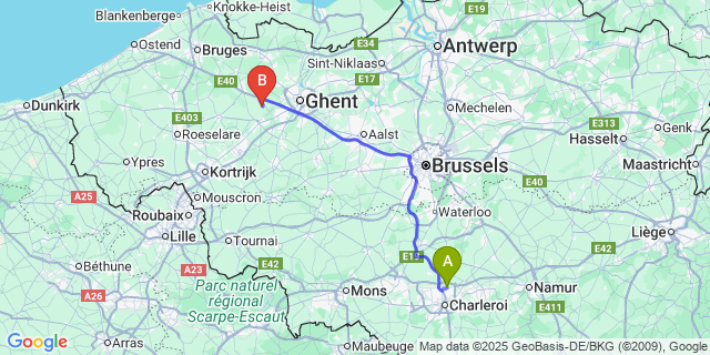 Map: Charleroi Airport Brussels South (CRL) to Nevele