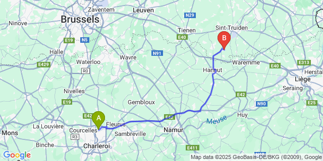 Map: Charleroi Airport Brussels South (CRL) to Niel-Bij-Sint-Truiden
