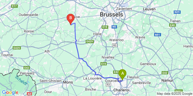 Map: Charleroi Airport Brussels South (CRL) to Nieuwenhove