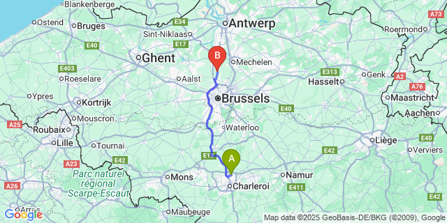 Map: Charleroi Airport Brussels South (CRL) to Nieuwenrode