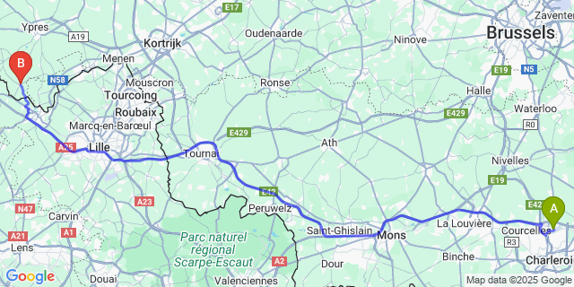 Map: Charleroi Airport Brussels South (CRL) to Nieuwkerke