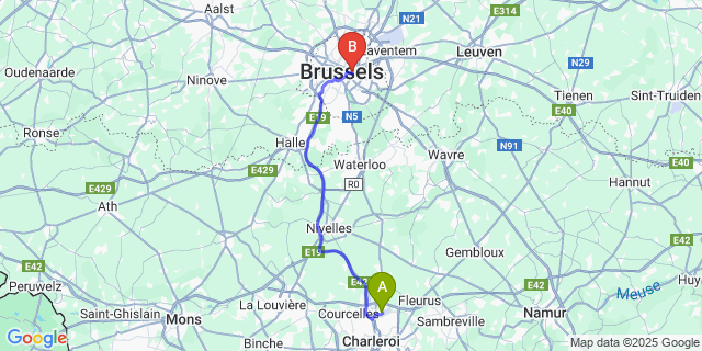 Map: Charleroi Airport Brussels South (CRL) to Nines