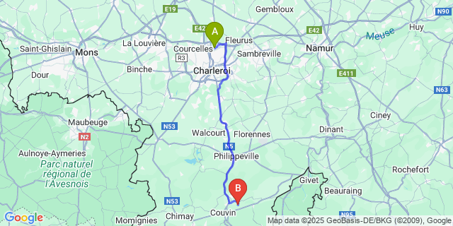 Map: Charleroi Airport Brussels South (CRL) to Nismes