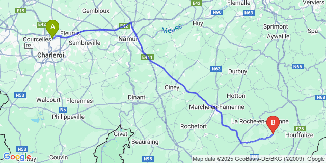 Map: Charleroi Airport Brussels South (CRL) to Nisramont