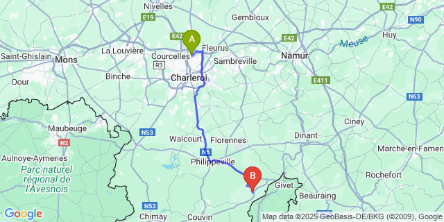 Map: Charleroi Airport Brussels South (CRL) to Niverlée