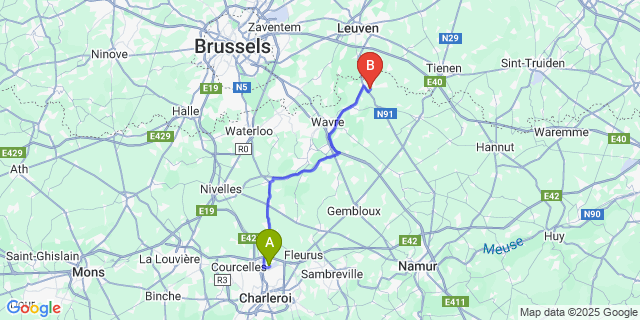 Map: Charleroi Airport Brussels South (CRL) to Nodebais