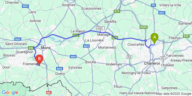 Map: Charleroi Airport Brussels South (CRL) to Noirchain