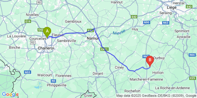 Map: Charleroi Airport Brussels South (CRL) to Noiseux